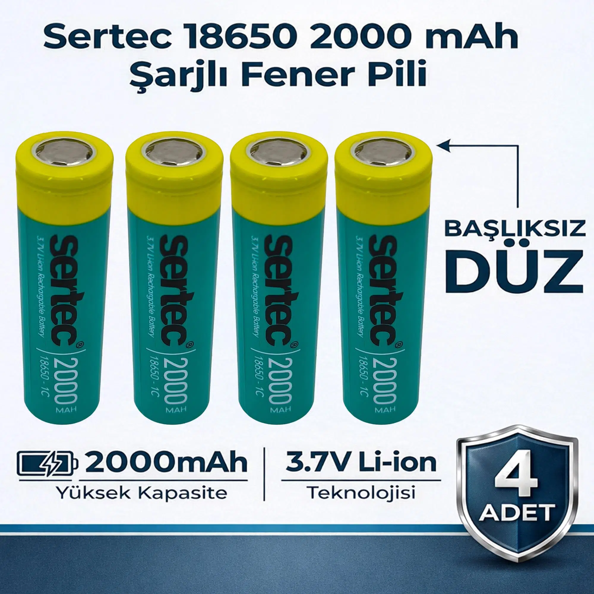 Sertec 18650 Şarjlı Pil 2000mAh Fener Pili 3.7V Li-ion Başlıksız Düz 4lü