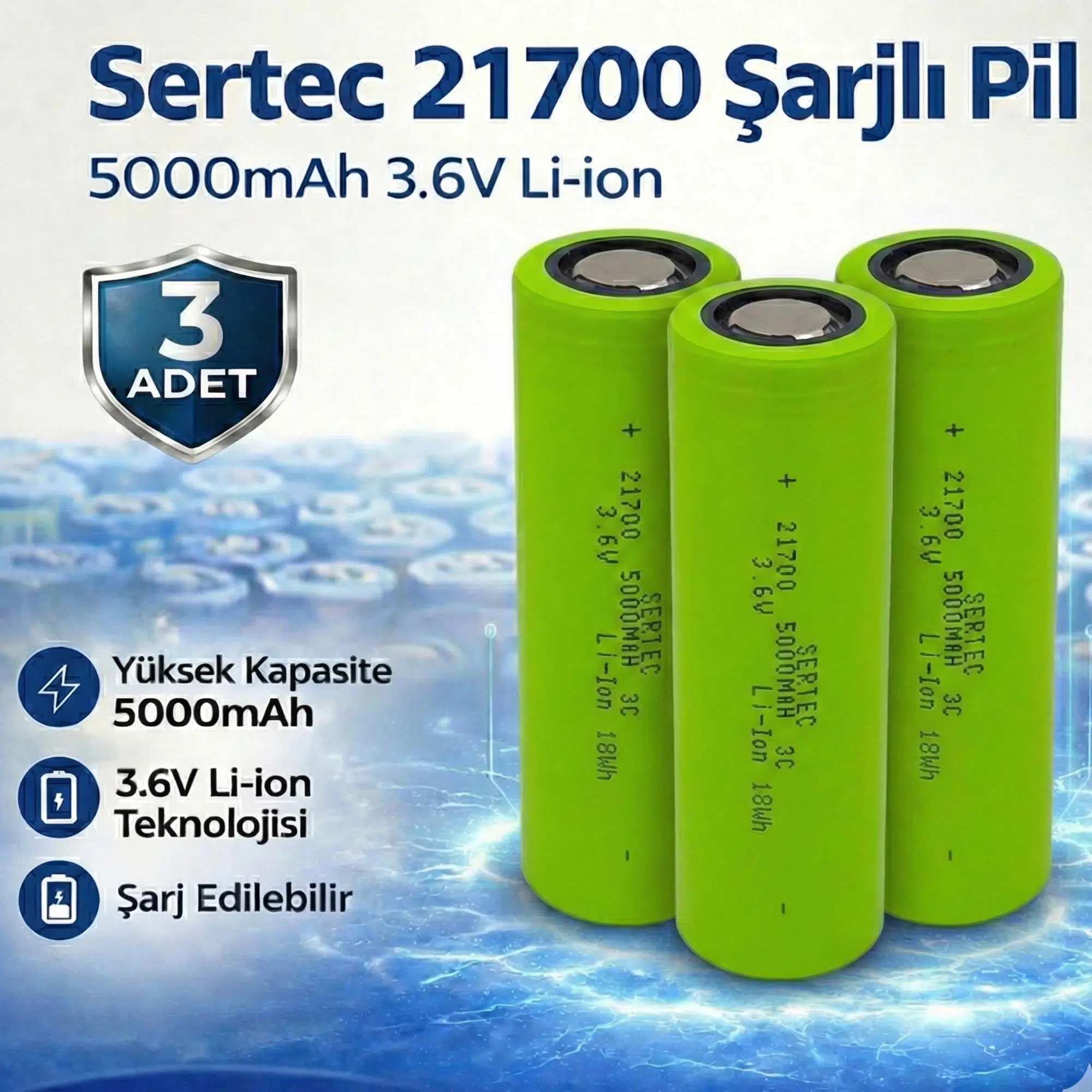 Sertec 21700 Şarjlı Pil 5000mAh 3.6V Li-ion 15A El Feneri Powerbank Pili Başlıksız Düz 3lü