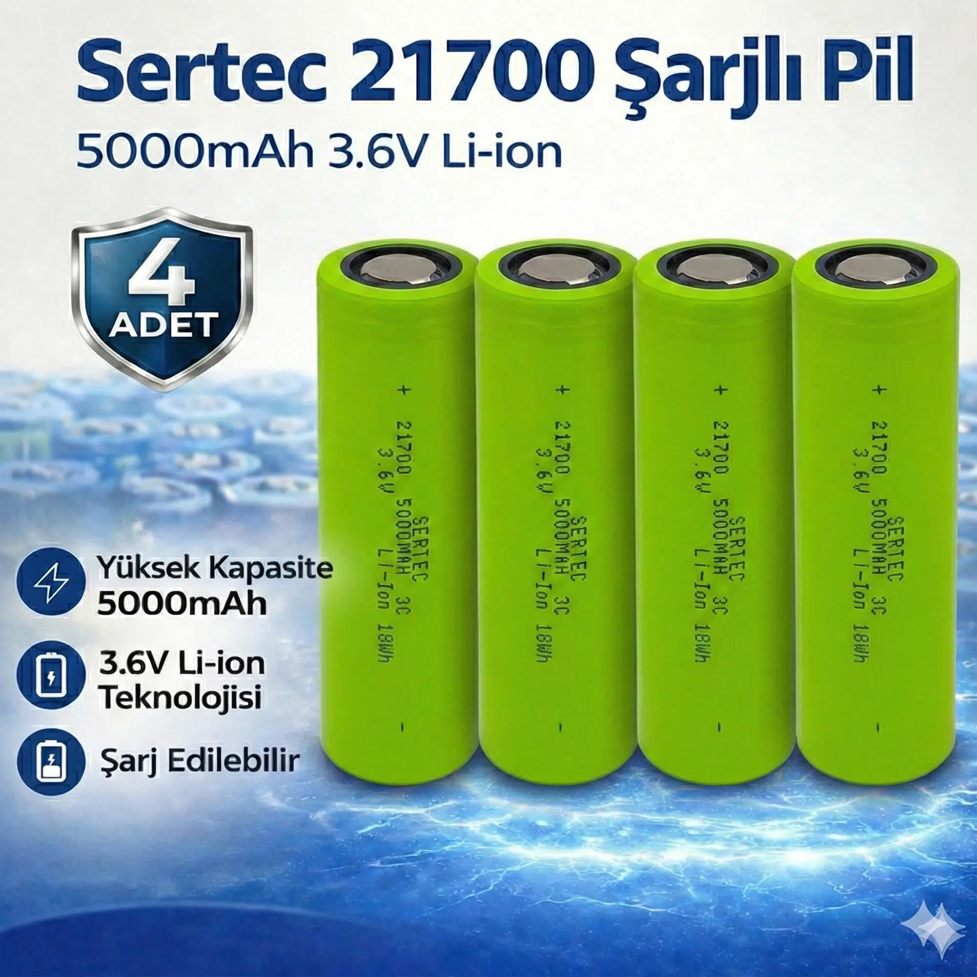 Sertec 21700 Şarjlı Pil 5000mAh 3.6V Li-ion 15A El Feneri Powerbank Pili Başlıksız Düz 4lü