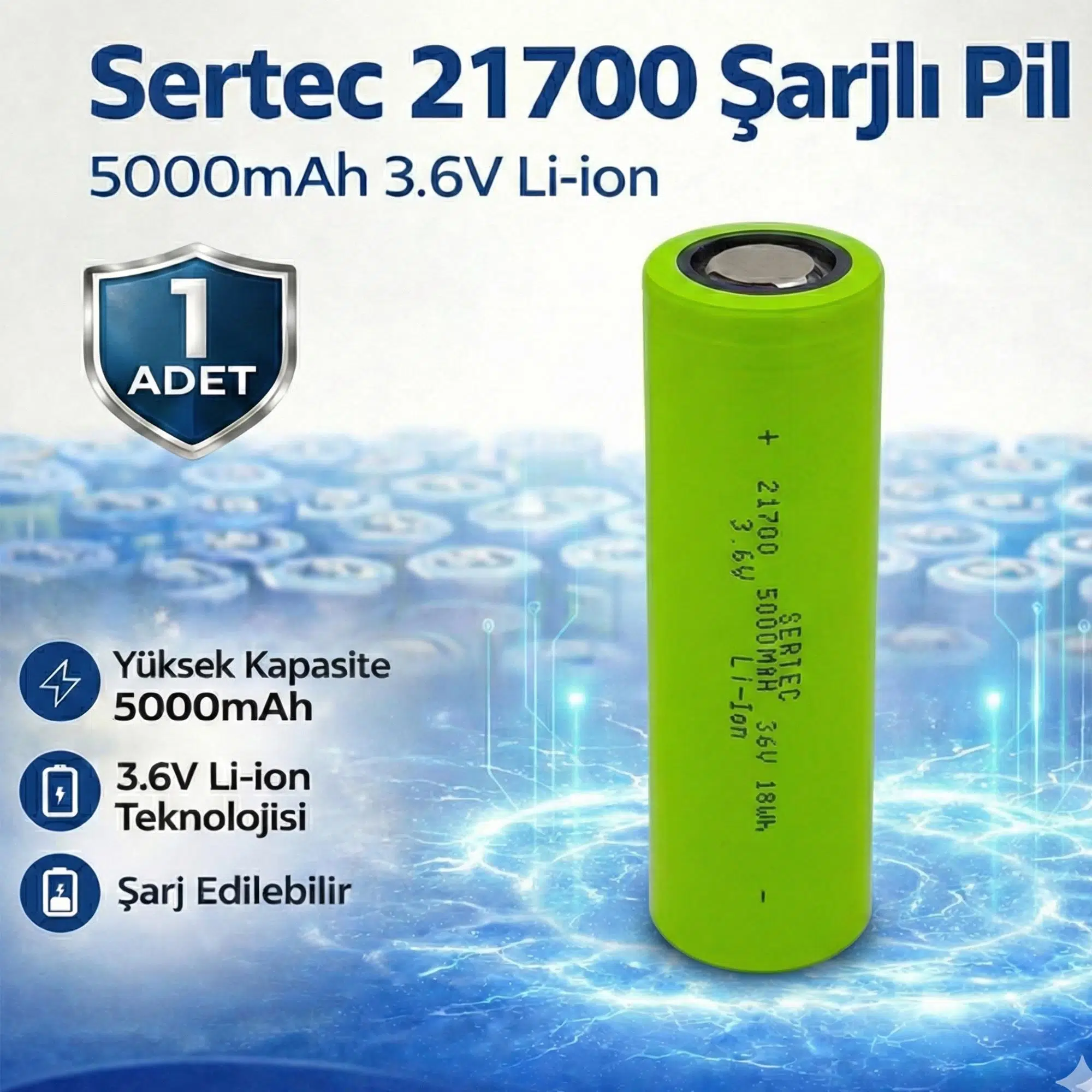 Sertec 21700 Şarjlı Pil 5000mAh 3.6V Li-ion 15A El Feneri Powerbank Pili Başlıksız Düz