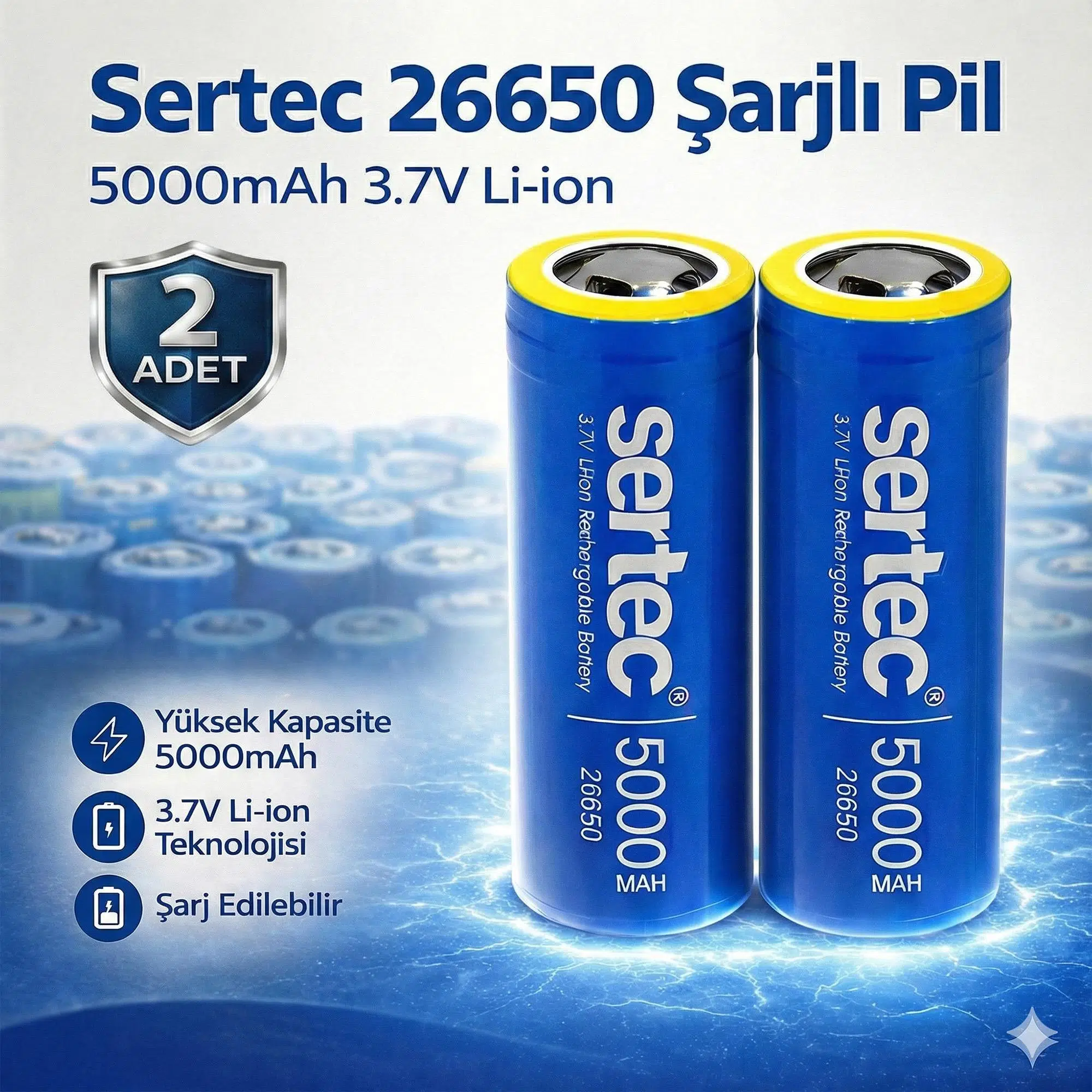 Sertec 26650 Şarjlı Pil 5000mAh 3.7V Li-ion Başlıksız Düz 2li