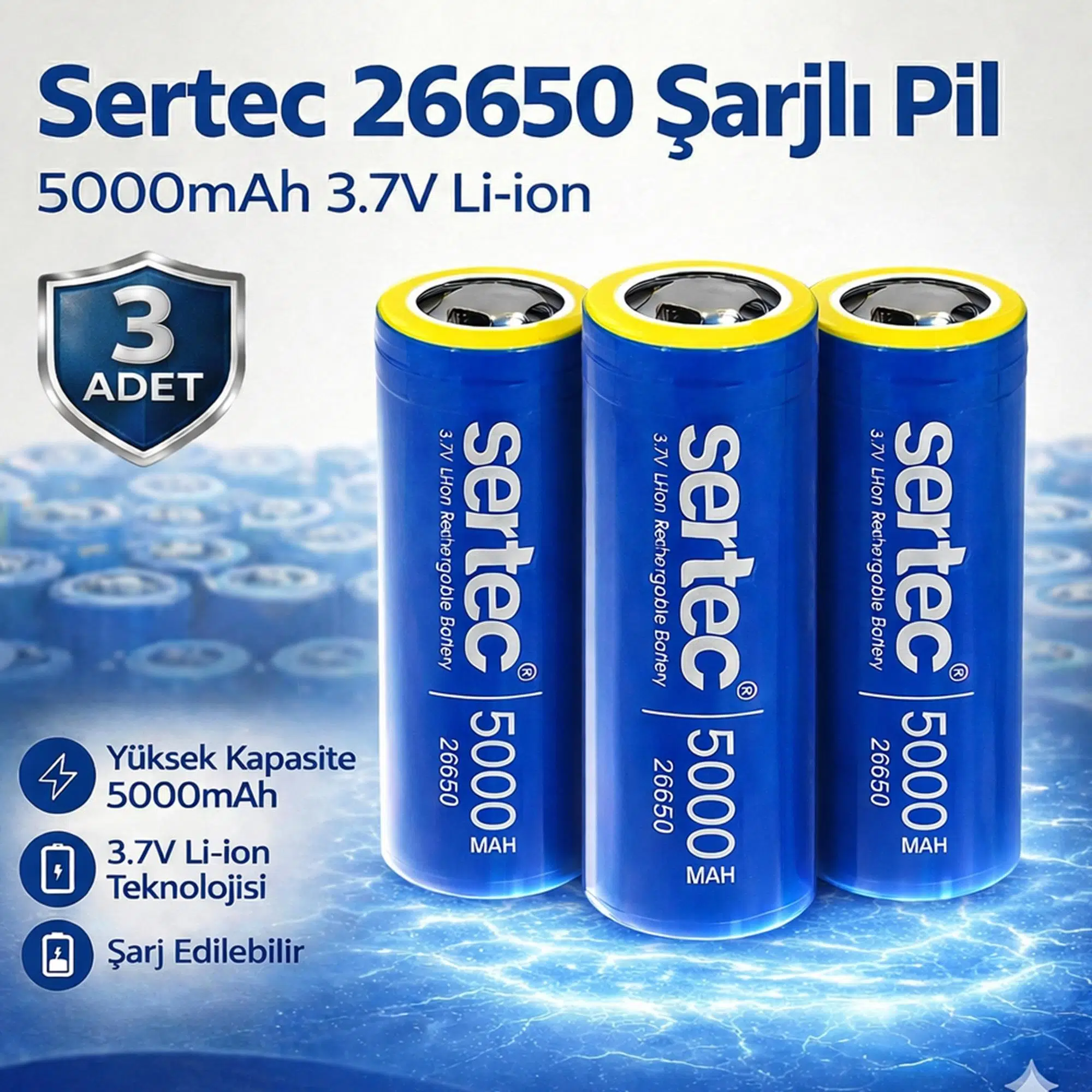 Sertec 26650 Şarjlı Pil 5000mAh 3.7V Li-ion Başlıksız Düz 3lü
