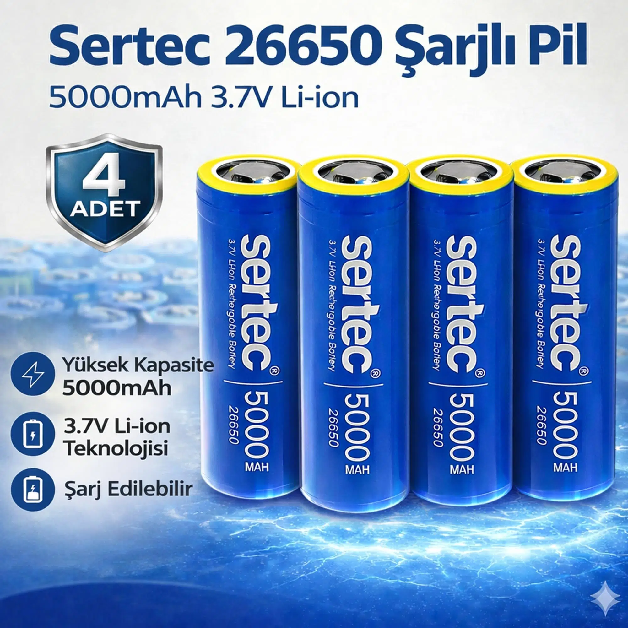 Sertec 26650 Şarjlı Pil 5000mAh 3.7V Li-ion Başlıksız Düz 4lü