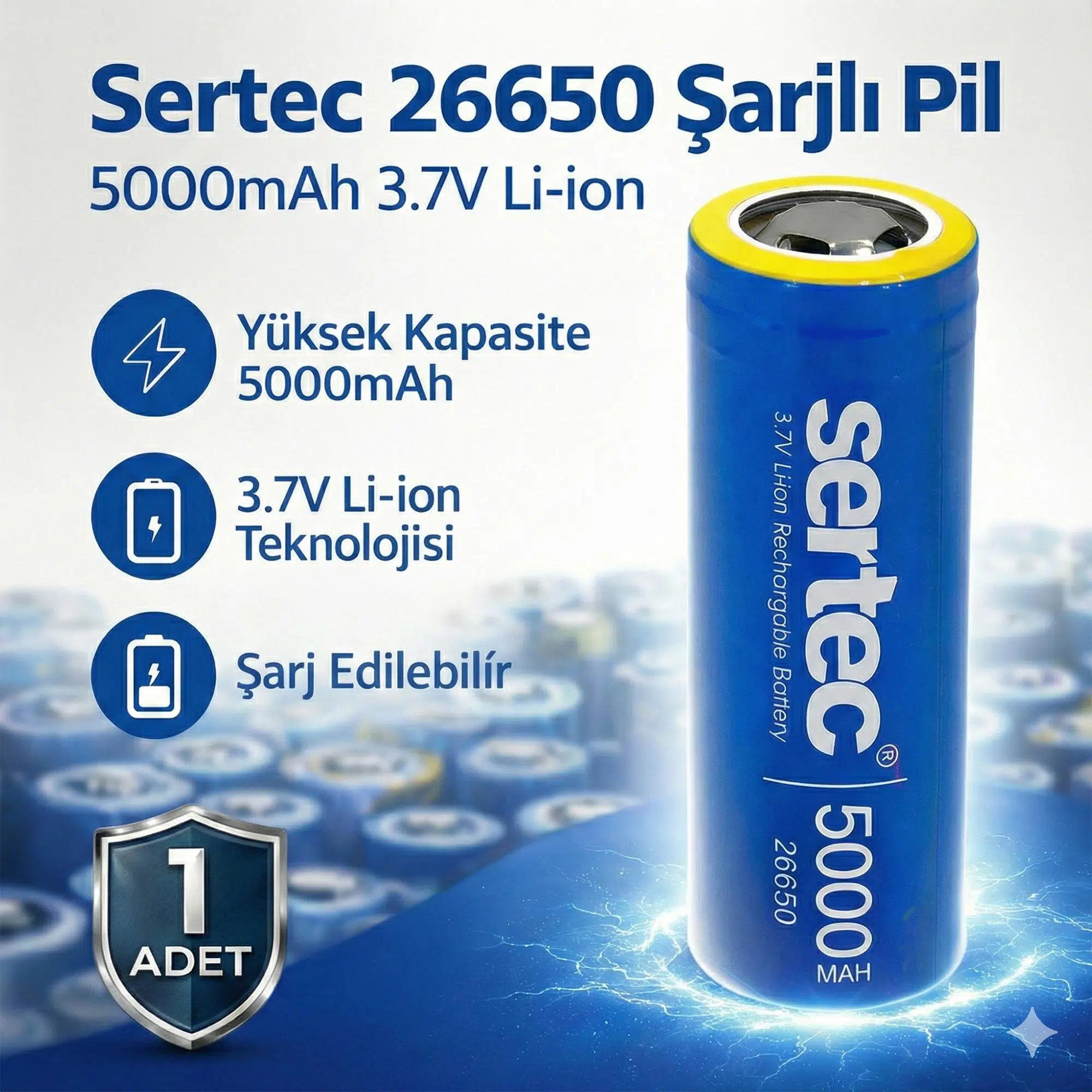 Sertec 26650 Şarjlı Pil 5000mAh 3.7V Li-ion Başlıksız Düz