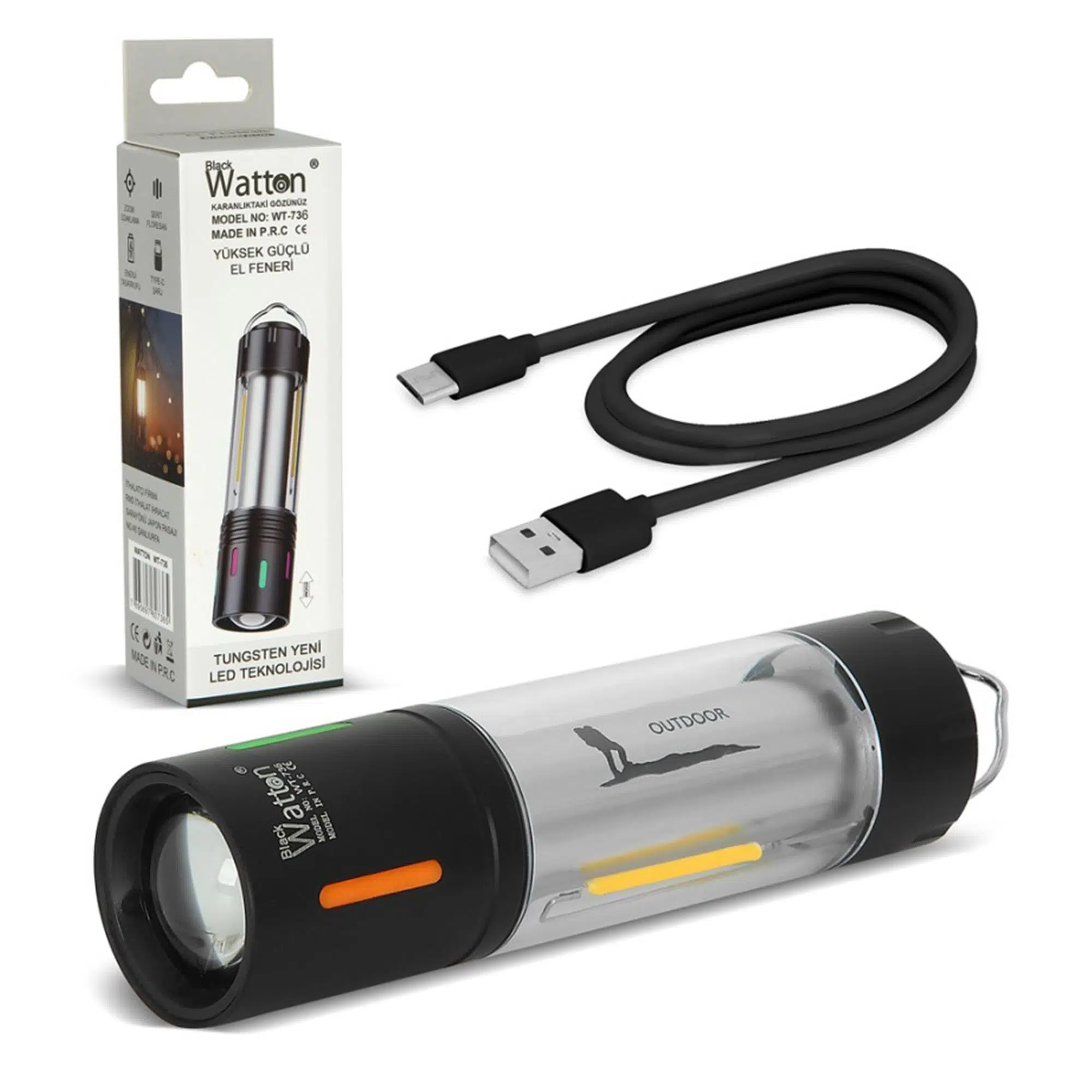 Watton WT-736 El Feneri 5 Mod TG Led Kancalı Usb-C Şarjlı 15cm