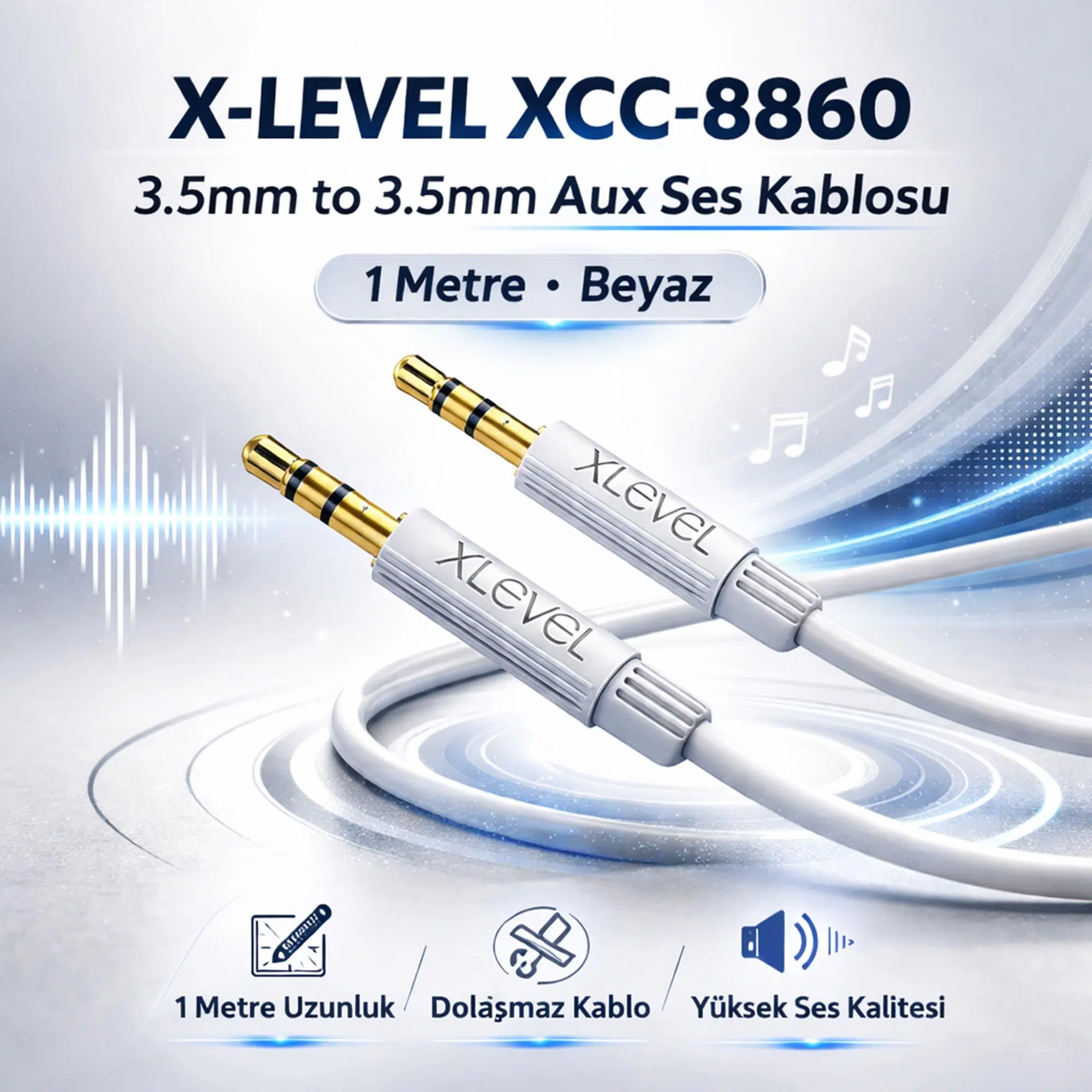 X-LEVEL XCC-8860 3.5mm to 3.5mm Aux Ses Kablosu 1 Metre Beyaz