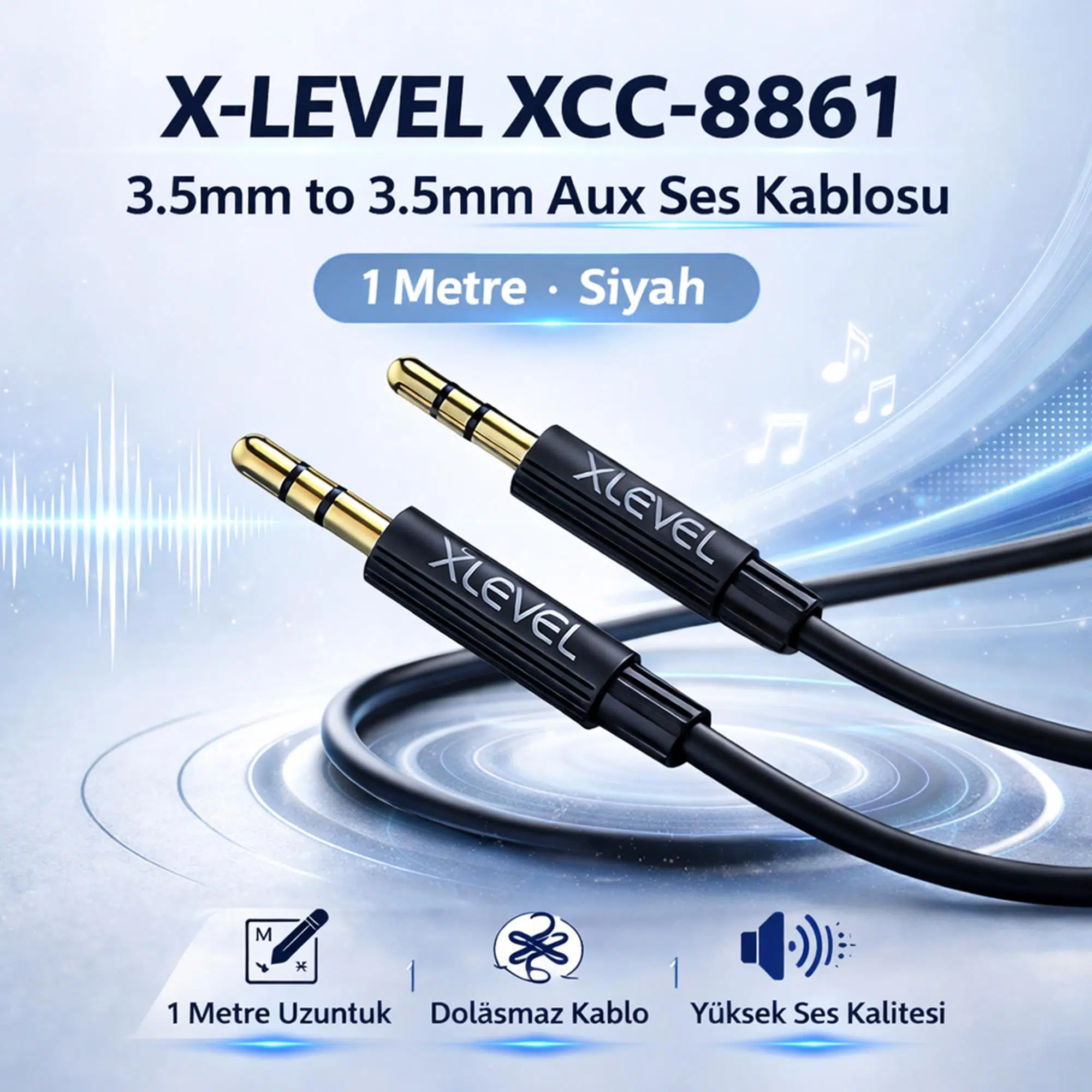 X-LEVEL XCC-8861 3.5mm to 3.5mm Aux Ses Kablosu 1 Metre Siyah