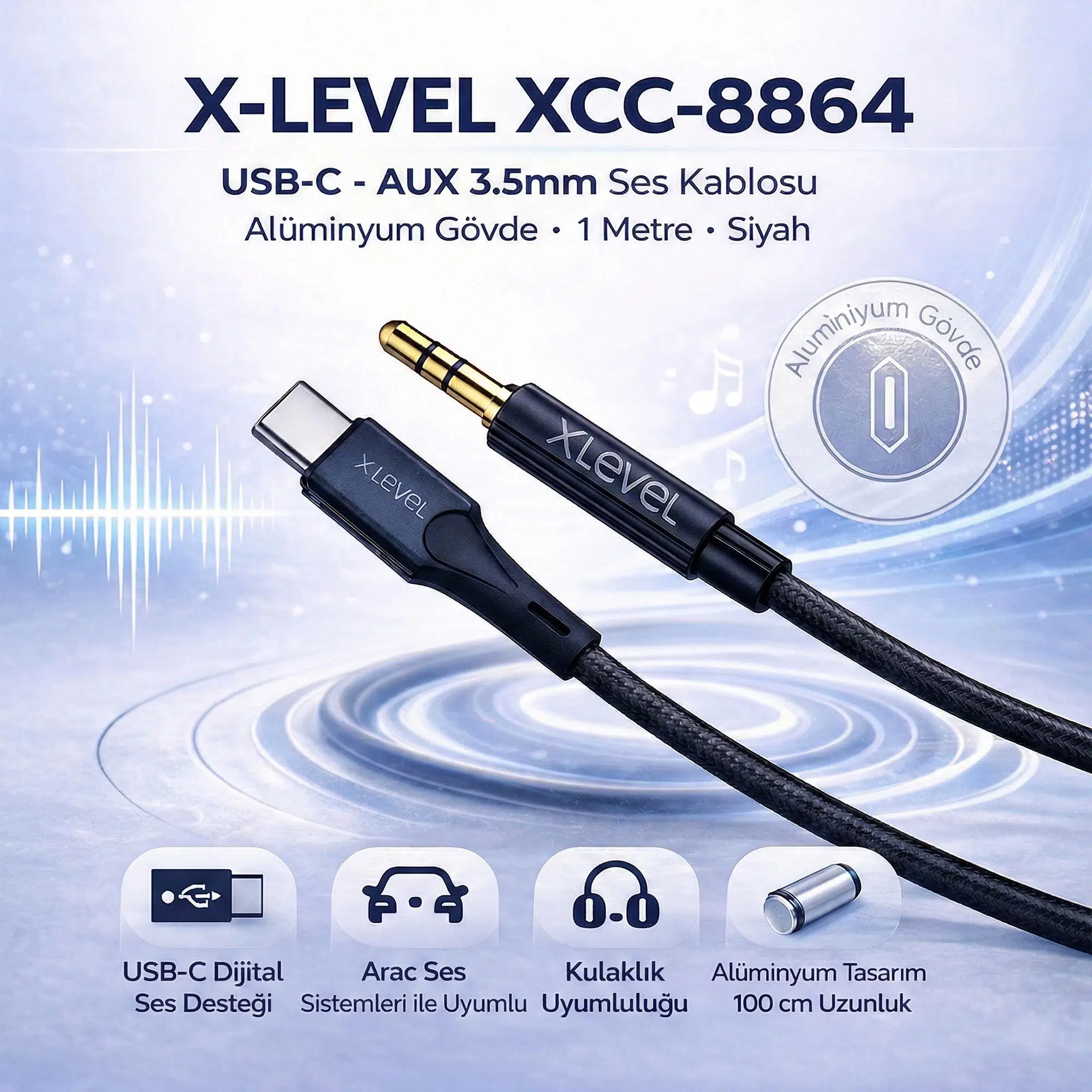 X-LEVEL XCC-8864 USB-C to Aux 3.5mm Ses Kablosu Aliminyum 1 Metre Siyah