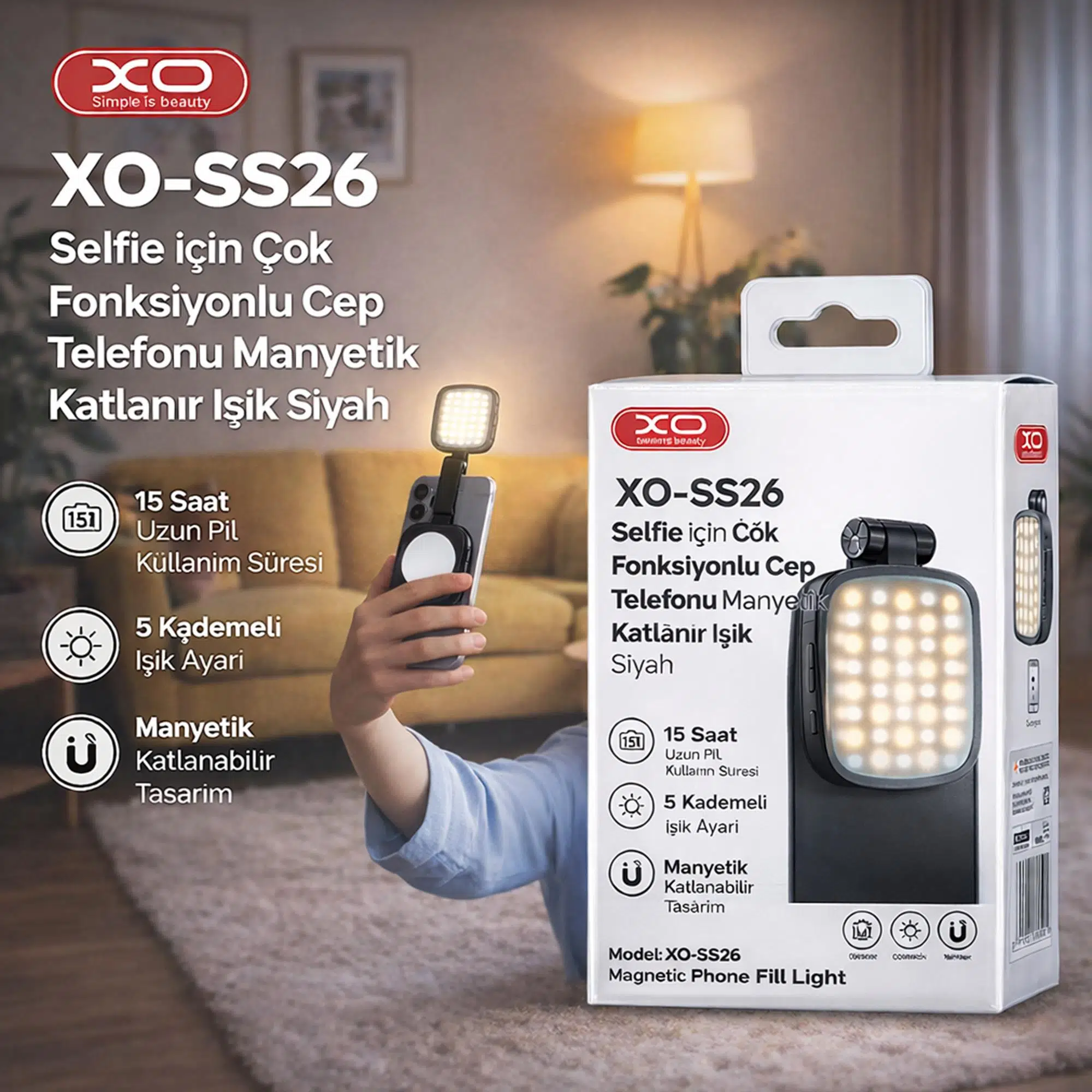 XO-SS26 Selfie için Çok Fonksiyonlu Cep Telefonu Manyetik Katlanır Işık Siyah